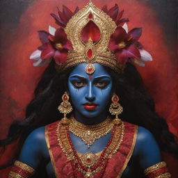 An artistic interpretation of young Indian goddess Kali, featuring her traditional dark skin, contrasted with intense red irises, embodying divine power, dressed in vibrant traditional attire amidst a spiritual backdrop.