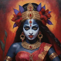 An artistic interpretation of young Indian goddess Kali, featuring her traditional dark skin, contrasted with intense red irises, embodying divine power, dressed in vibrant traditional attire amidst a spiritual backdrop.