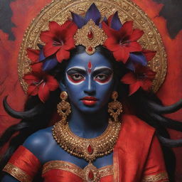 An artistic interpretation of young Indian goddess Kali, featuring her traditional dark skin, contrasted with intense red irises, embodying divine power, dressed in vibrant traditional attire amidst a spiritual backdrop.