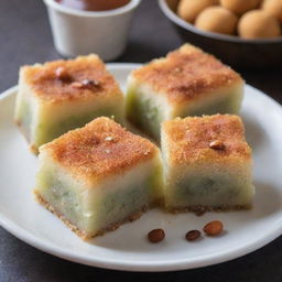 A traditional Middle Eastern sweet treat called Halawa, detailed and appetizing, showing the unique texture and color