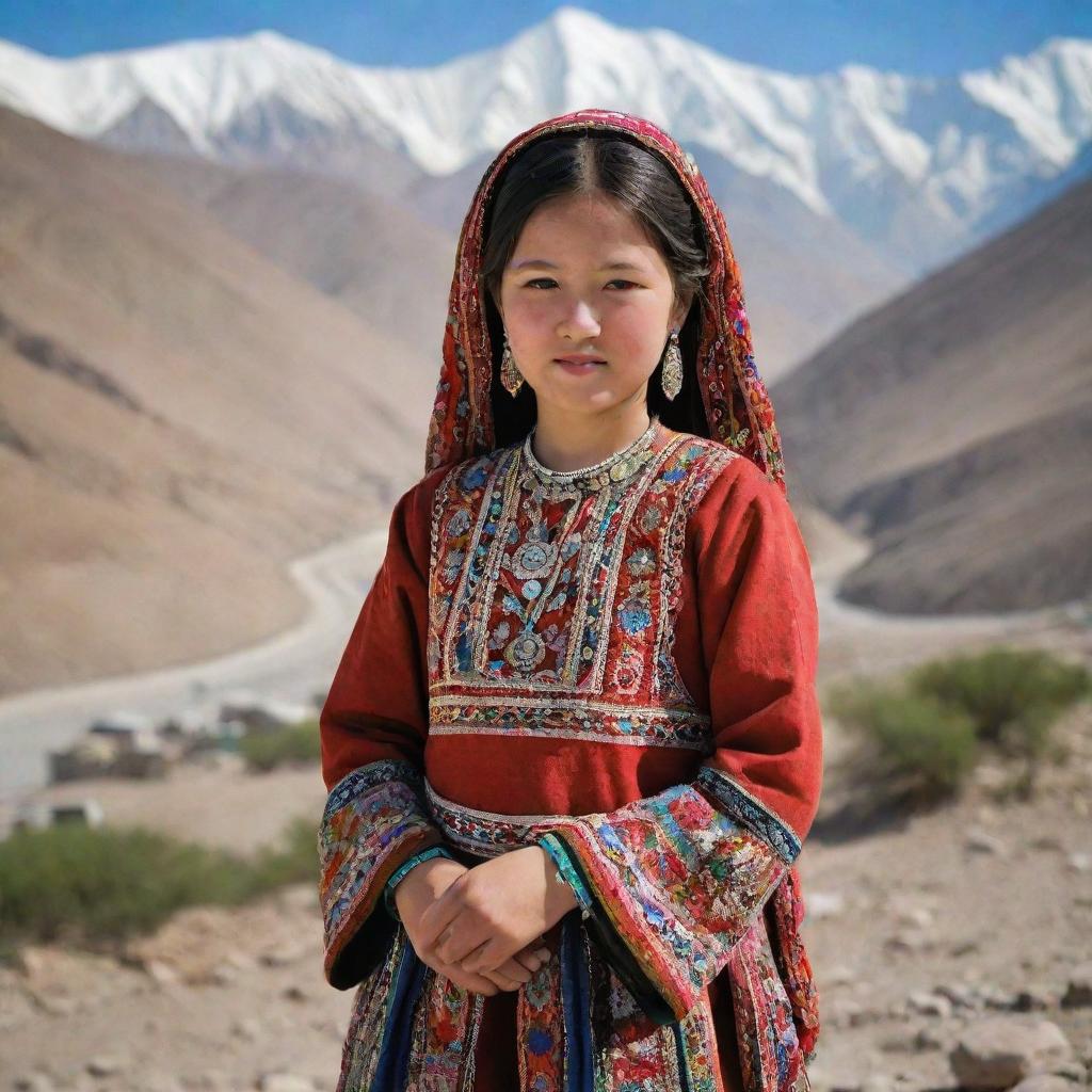 A Hazara girl traditionally dressed, highlighting her embroidered frock in vibrant colors and adorned with silver jewelry, against a backdrop of rugged Afghanistan mountains.