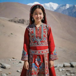 A Hazara girl traditionally dressed, highlighting her embroidered frock in vibrant colors and adorned with silver jewelry, against a backdrop of rugged Afghanistan mountains.