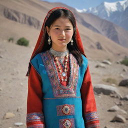 A Hazara girl traditionally dressed, highlighting her embroidered frock in vibrant colors and adorned with silver jewelry, against a backdrop of rugged Afghanistan mountains.