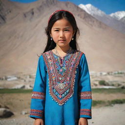 A Hazara girl traditionally dressed, highlighting her embroidered frock in vibrant colors and adorned with silver jewelry, against a backdrop of rugged Afghanistan mountains.