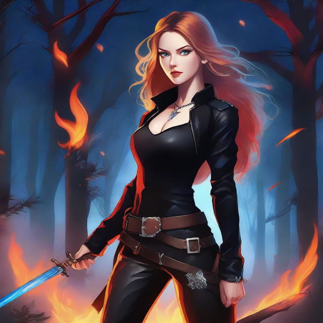 A vibrant digital art depiction of a young woman with light brown hair tinged with fiery red, and bright blue eyes