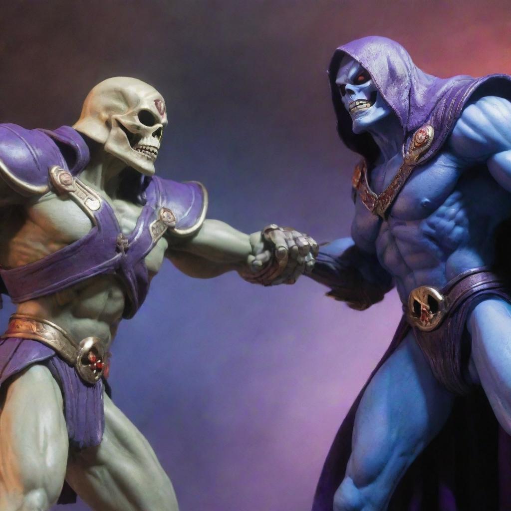 A detailed and intense battle scene between Skeletor from He-Man and Ainz Ooal Gown from Overlord, displaying their magical abilities in a fierce face-off.