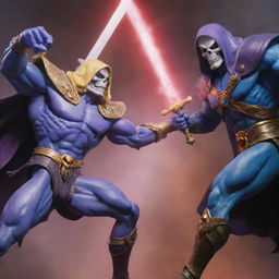 A detailed and intense battle scene between Skeletor from He-Man and Ainz Ooal Gown from Overlord, displaying their magical abilities in a fierce face-off.