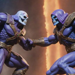 A detailed and intense battle scene between Skeletor from He-Man and Ainz Ooal Gown from Overlord, displaying their magical abilities in a fierce face-off.