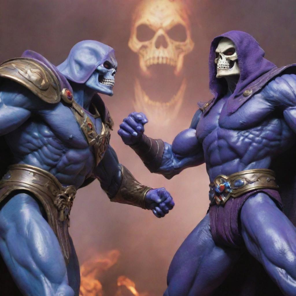 A detailed and intense battle scene between Skeletor from He-Man and Ainz Ooal Gown from Overlord, displaying their magical abilities in a fierce face-off.