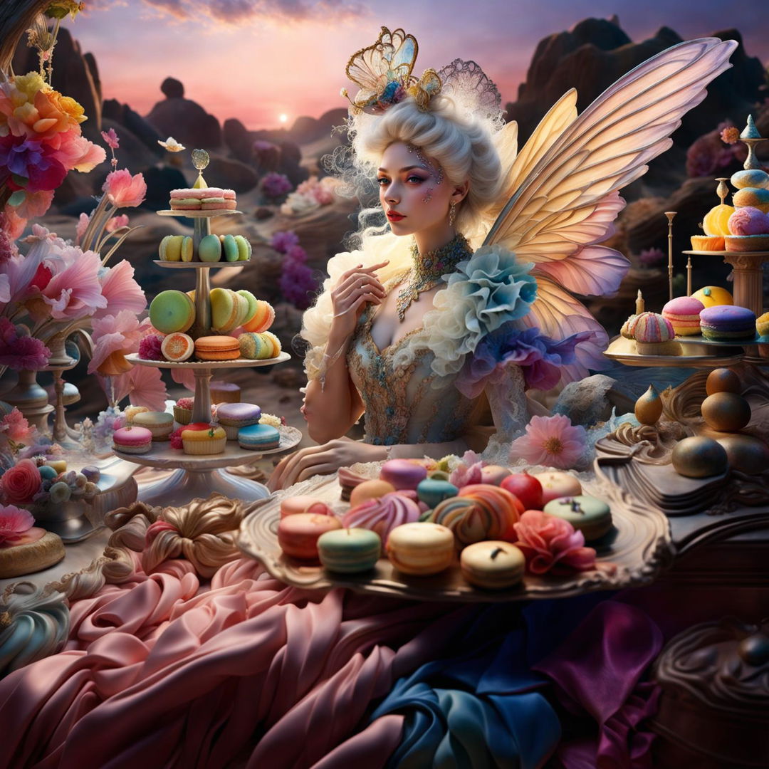 Hyper-realistic 3D rococo photograph featuring a majestic dessert fairy in an opulent floral gown, surrounded by decadent desserts in a vibrant, fantasy-inspired desert setting.