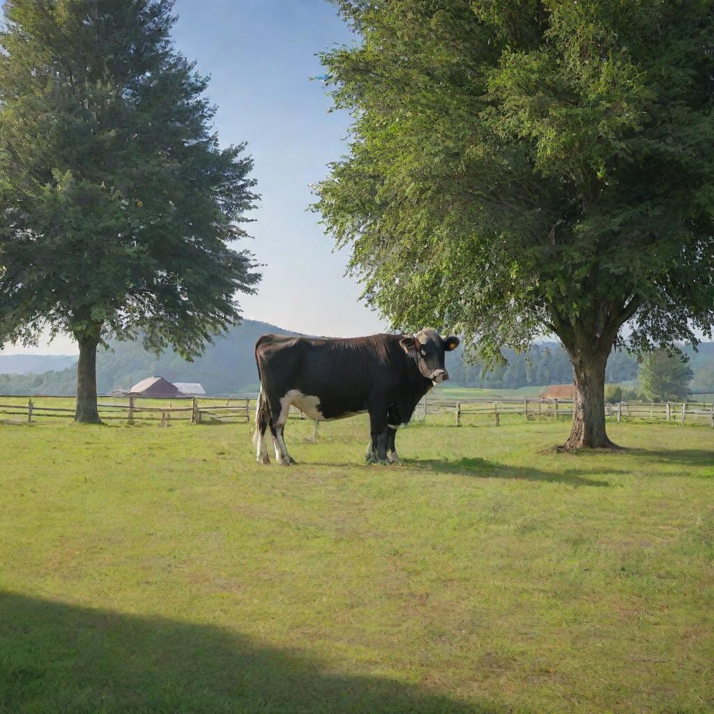 A serene farm with a cow peacefully grazing at the business of the day on a bright sunny morning.