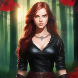 A beautifully crafted digital art for a book cover, featuring a young woman with light brown hair tinged with fiery red, and clear bright eyes