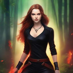 A beautifully crafted digital art for a book cover, featuring a young woman with light brown hair tinged with fiery red, and clear bright eyes