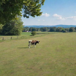 A serene farm with a cow peacefully grazing at the business of the day on a bright sunny morning.