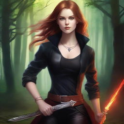 A beautifully crafted digital art for a book cover, featuring a young woman with light brown hair tinged with fiery red, and clear bright eyes