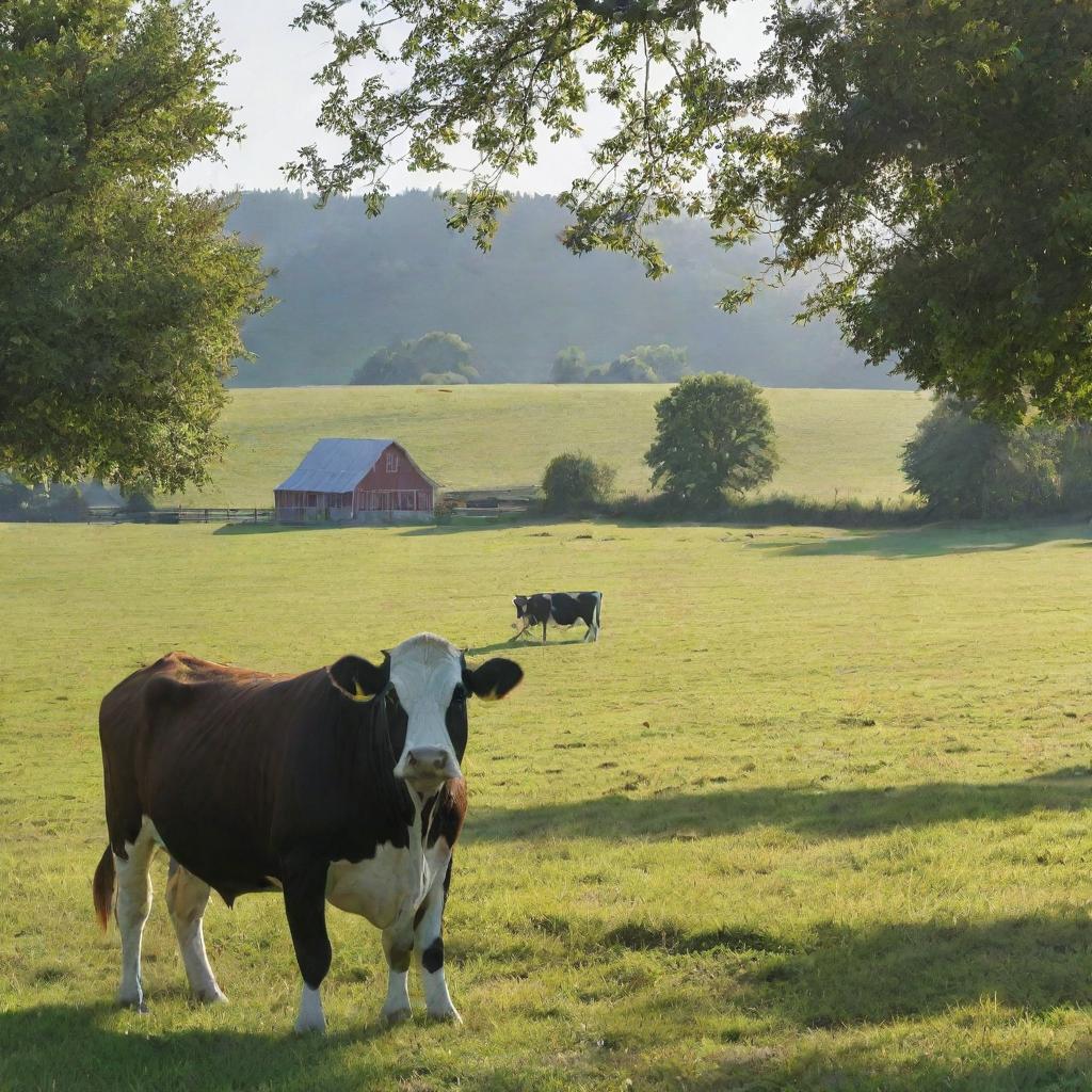 A serene farm with a cow peacefully grazing at the business of the day on a bright sunny morning.