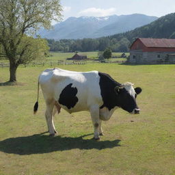 A serene farm with a cow peacefully grazing at the business of the day on a bright sunny morning.