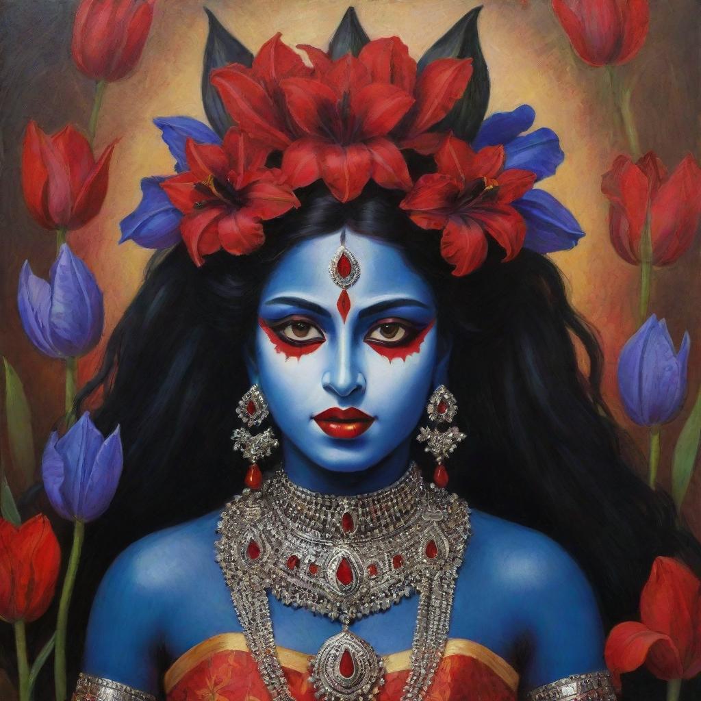 A captivating image of a young Indian goddess Kali with her signature dark skin, complemented by striking red irises, exuding an air of divine power and youthful grace, adorned in colorful traditional attire.