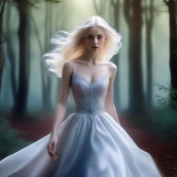 A high-quality digital art image of a young woman with platinum blonde hair and clear blue eyes