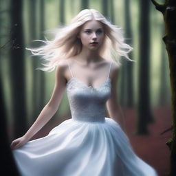 A high-quality digital art image of a young woman with platinum blonde hair and clear blue eyes