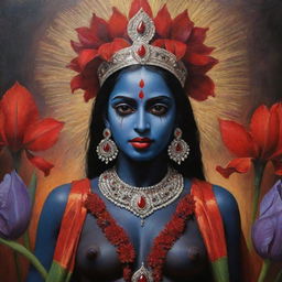 A captivating image of a young Indian goddess Kali with her signature dark skin, complemented by striking red irises, exuding an air of divine power and youthful grace, adorned in colorful traditional attire.