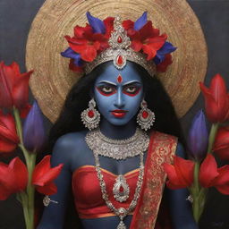 A captivating image of a young Indian goddess Kali with her signature dark skin, complemented by striking red irises, exuding an air of divine power and youthful grace, adorned in colorful traditional attire.