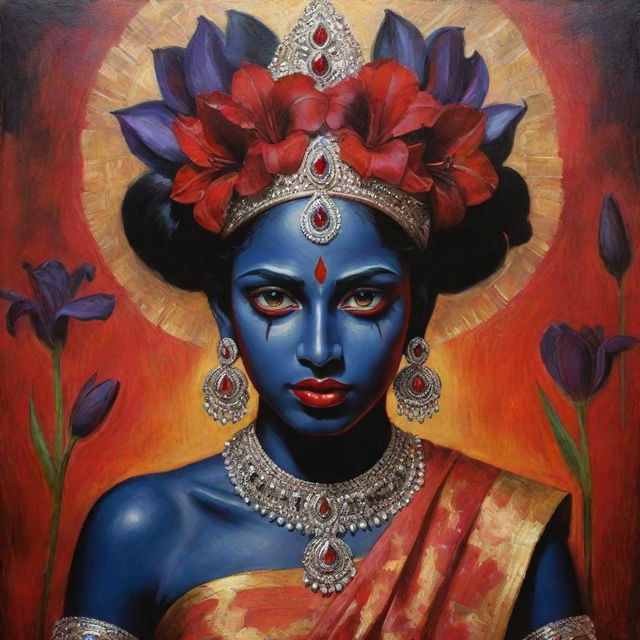 A captivating image of a young Indian goddess Kali with her signature dark skin, complemented by striking red irises, exuding an air of divine power and youthful grace, adorned in colorful traditional attire.