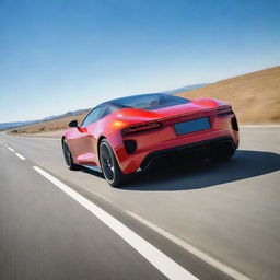 A sleek and modern sports car on an open road under a clear blue sky