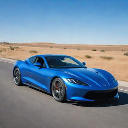 A sleek and modern sports car on an open road under a clear blue sky