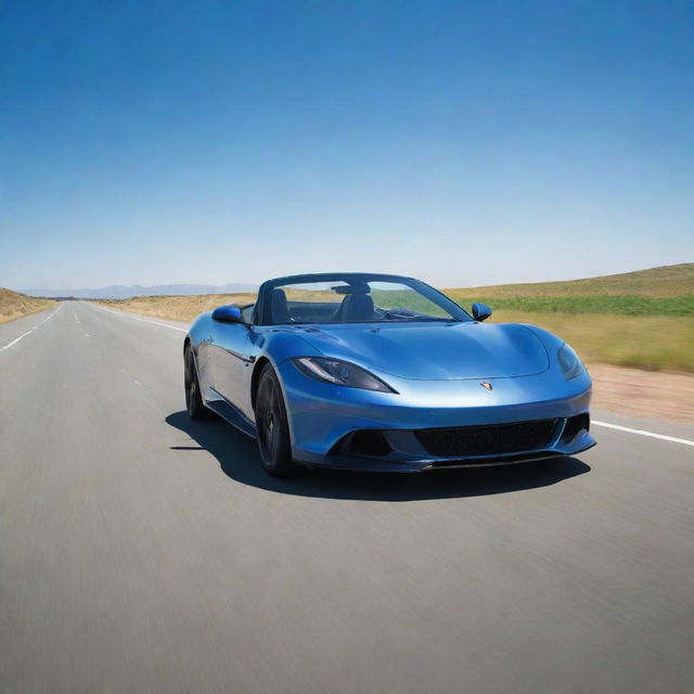 A sleek and modern sports car on an open road under a clear blue sky