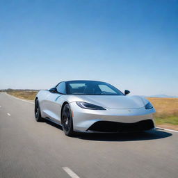 A sleek and modern sports car on an open road under a clear blue sky