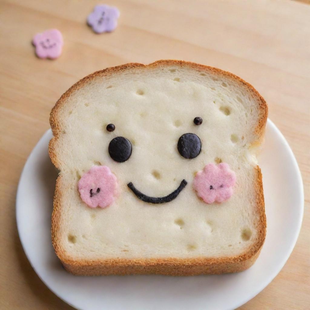 An adorable and fluffy kawaii style slice of bread, decorated with smiling faces.