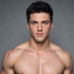 Generate an image of a handsome 25-year-old man with dark hair, fiery orange eyes, and a strong, muscular body.