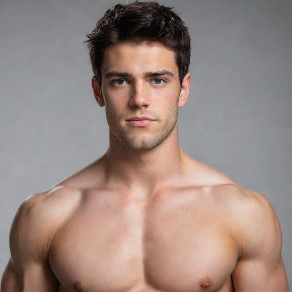 Generate an image of a handsome 25-year-old man with dark hair, fiery orange eyes, and a strong, muscular body.