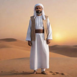 A respectful illustration of Abu Al-Fadl Abbas, standing nobly, in traditional Islamic clothing, on a backdrop of a calming desert sunset.