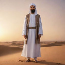 A respectful illustration of Abu Al-Fadl Abbas, standing nobly, in traditional Islamic clothing, on a backdrop of a calming desert sunset.