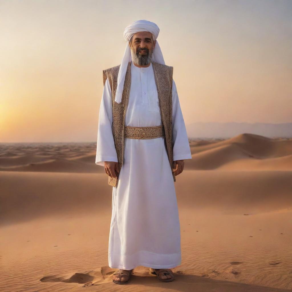 A respectful illustration of Abu Al-Fadl Abbas, standing nobly, in traditional Islamic clothing, on a backdrop of a calming desert sunset.