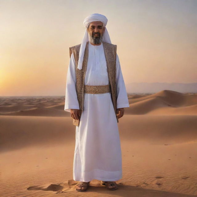 A respectful illustration of Abu Al-Fadl Abbas, standing nobly, in traditional Islamic clothing, on a backdrop of a calming desert sunset.