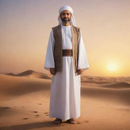 A respectful illustration of Abu Al-Fadl Abbas, standing nobly, in traditional Islamic clothing, on a backdrop of a calming desert sunset.