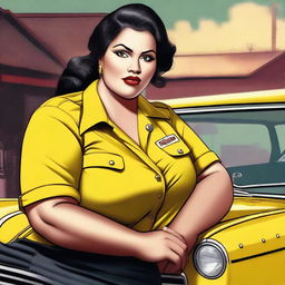 A high-quality digital art image showcases a plus-size woman with expertly applied makeup, perfect eyebrows, and black eyes