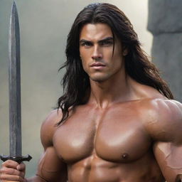 A 25-year-old robust and muscular fantasy warrior with long, dark hair, deep-set eyes, and tanned skin.