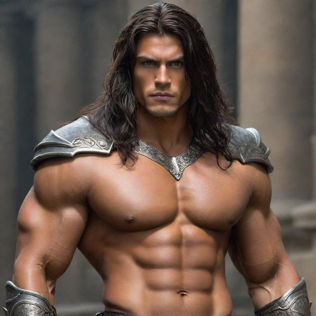 A 25-year-old robust and muscular fantasy warrior with long, dark hair, deep-set eyes, and tanned skin.