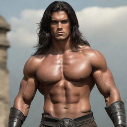 A 25-year-old robust and muscular fantasy warrior with long, dark hair, deep-set eyes, and tanned skin.