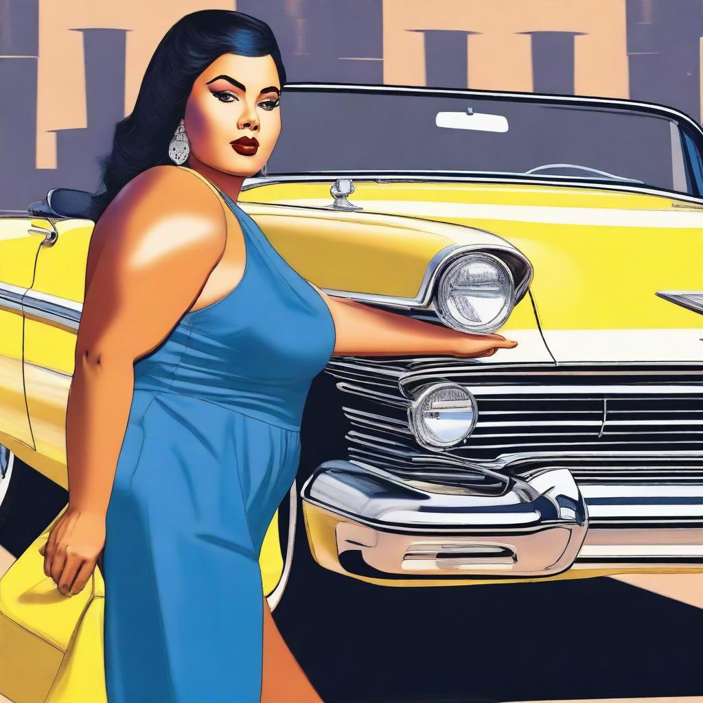 A high-quality digital art image showcases a plus-sized woman with well-done makeup, perfect eyebrows, and black eyes