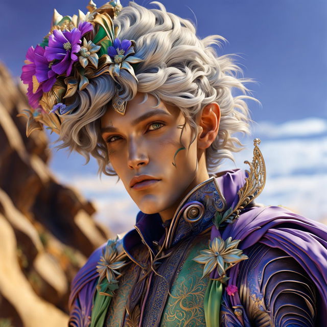 Hyper-realistic 3D Rococo photograph of a majestic desert elf in vibrant attire, adorned with desert flowers. Close-up shot reveals intricate details against a cinematic desert backdrop.