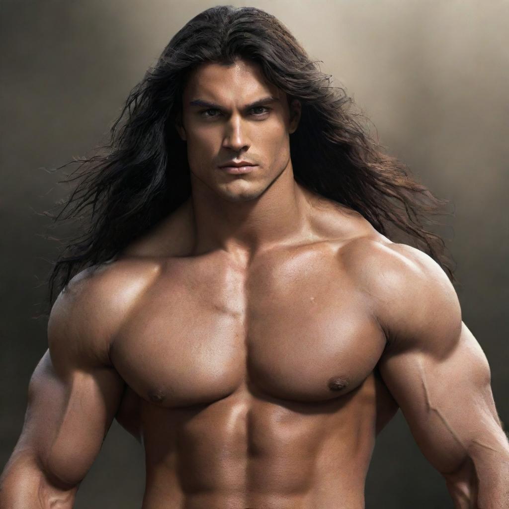 A fantasy image of a strong, muscular 25-year-old man with long dark hair, dark eyes, and tanned skin.