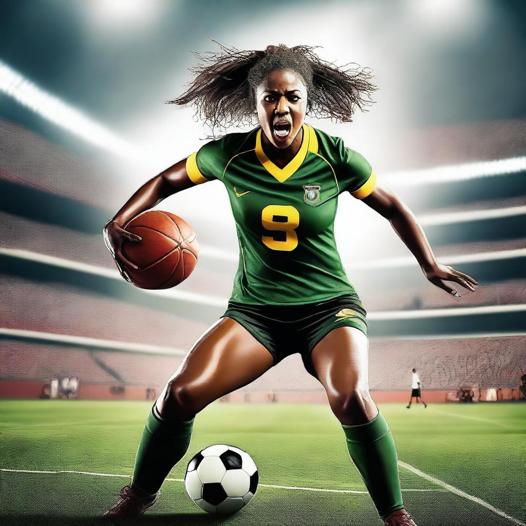 A dynamic digital art image showcases a woman dressed in football gear, with a ball at her foot, in the middle of a stadium