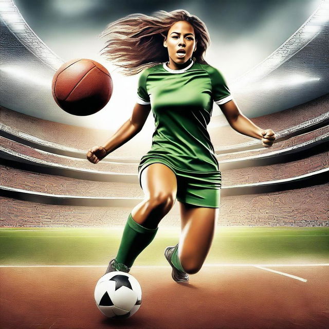 A dynamic digital art image showcases a woman dressed in football gear, with a ball at her foot, in the middle of a stadium