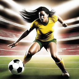 A dynamic digital art image showcases a woman dressed in football gear, with a ball at her foot, in the middle of a stadium