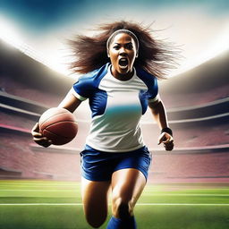 A dynamic digital art image showcases a woman dressed in football gear, with a ball at her foot, in the middle of a stadium